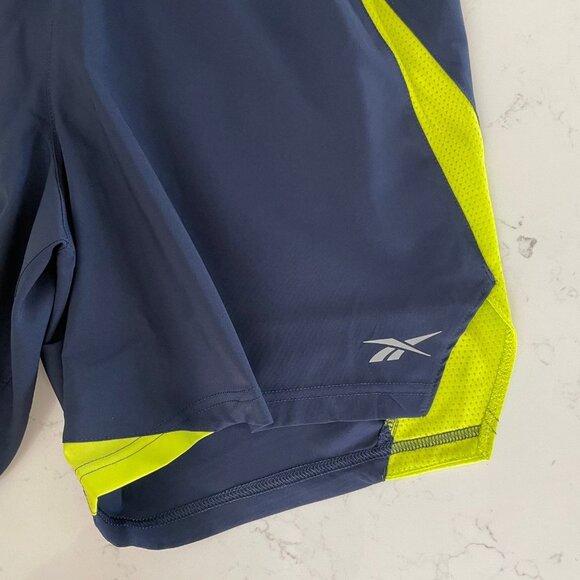 Reebok Athletic HT3711 Pull On Running Shorts Navy + Florescent Yellow Sz S NWT - Picture 2 of 12